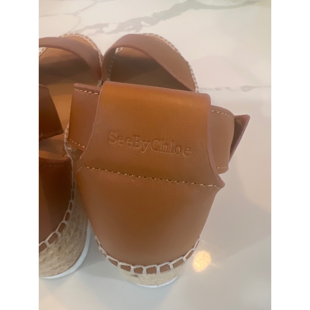 See By Chloe Tan Leather Espadrille Wedge Sandals Ankle Strap Platform 37 size 7 - Picture 3 of 4